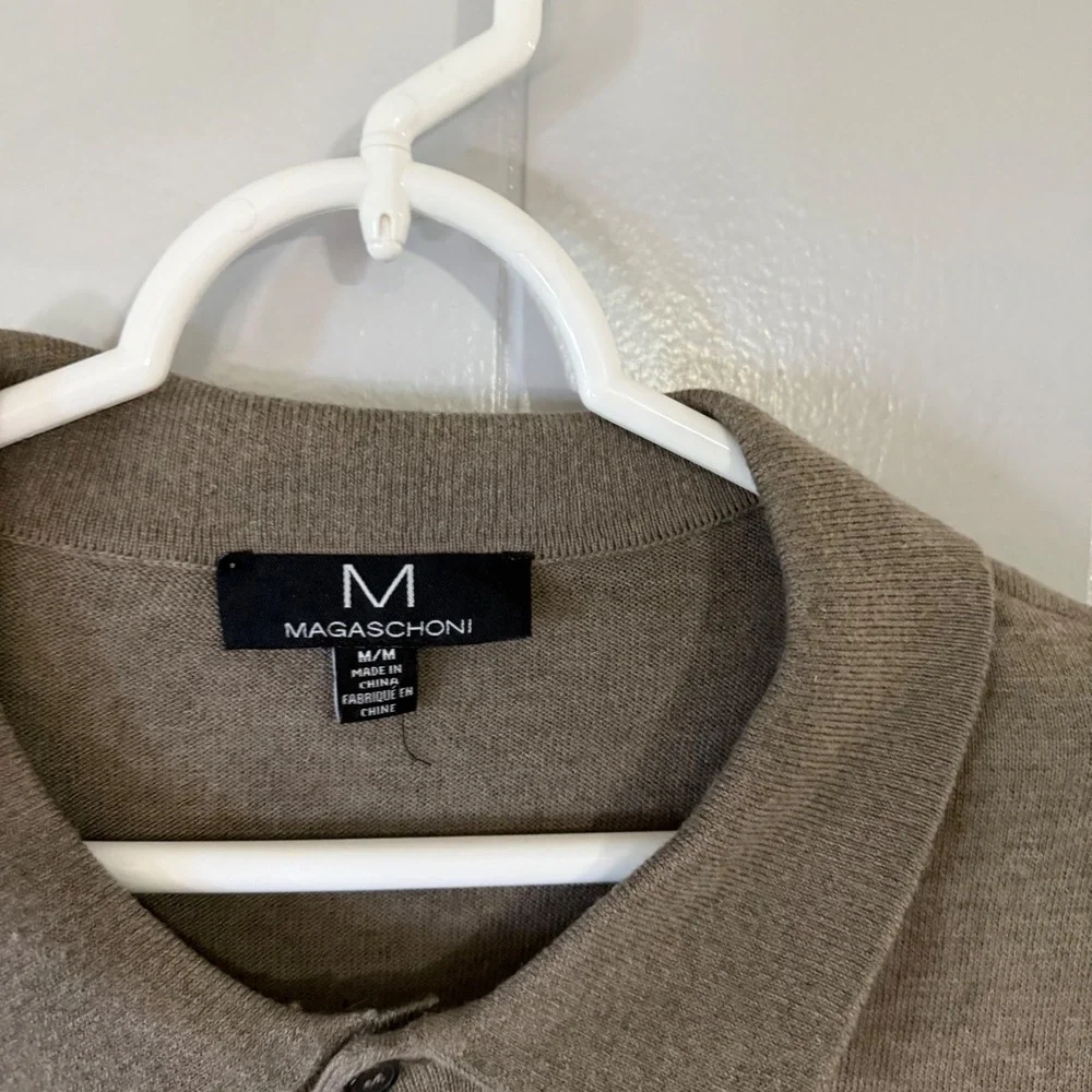 Magaschoni Polo Sweater Mens Medium Taupe Long Sleeve Wool‎ Blend Knit 4684